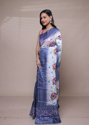 White Printed Silk Saree Without Blouse Piece
