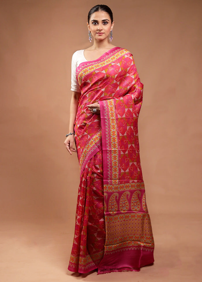 Pink Printed Silk Saree Without Blouse Piece
