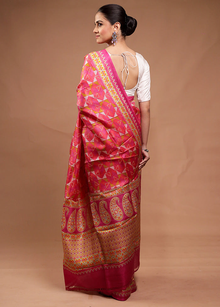 Pink Printed Silk Saree Without Blouse Piece