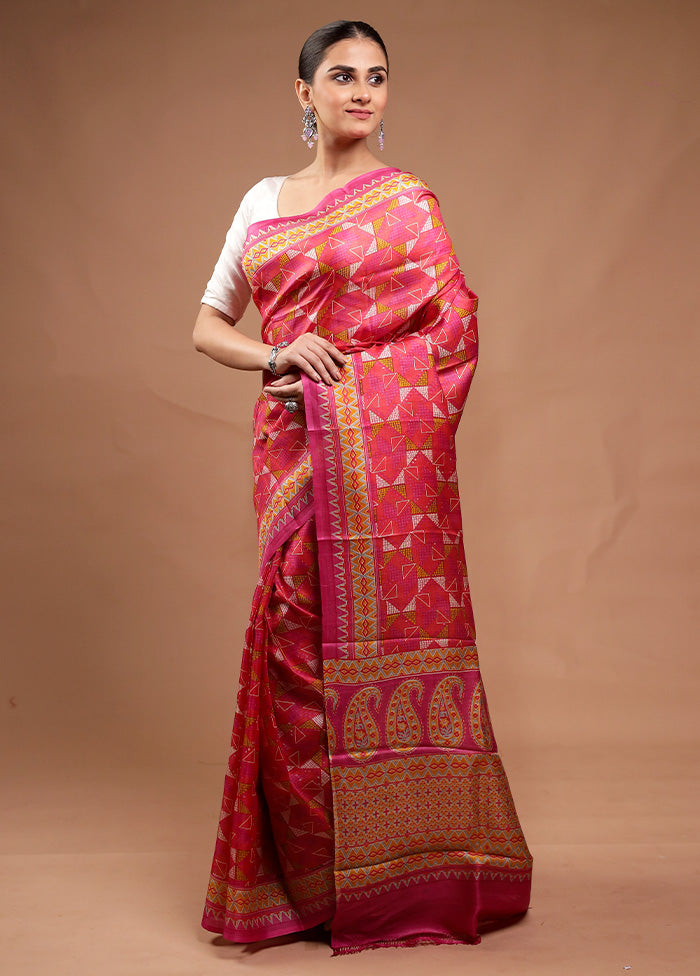 Pink Printed Silk Saree Without Blouse Piece