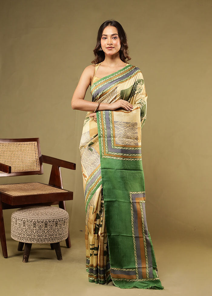 Cream Printed Pure Silk Saree Without Blouse Piece