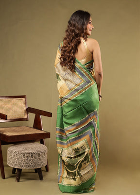 Cream Printed Pure Silk Saree Without Blouse Piece