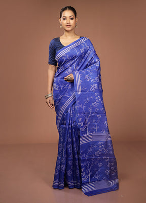 Blue Printed Pure Silk Saree Without Blouse Piece
