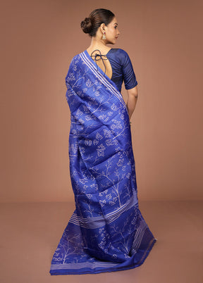 Blue Printed Pure Silk Saree Without Blouse Piece