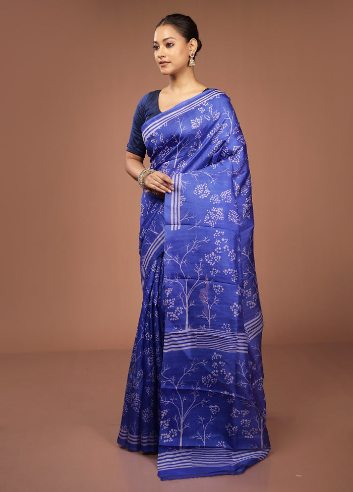 Blue Printed Pure Silk Saree Without Blouse Piece
