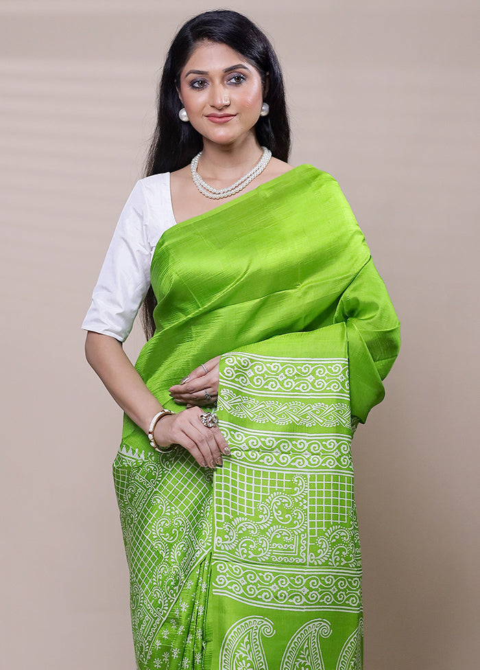 Green Printed Silk Saree Without Blouse Piece