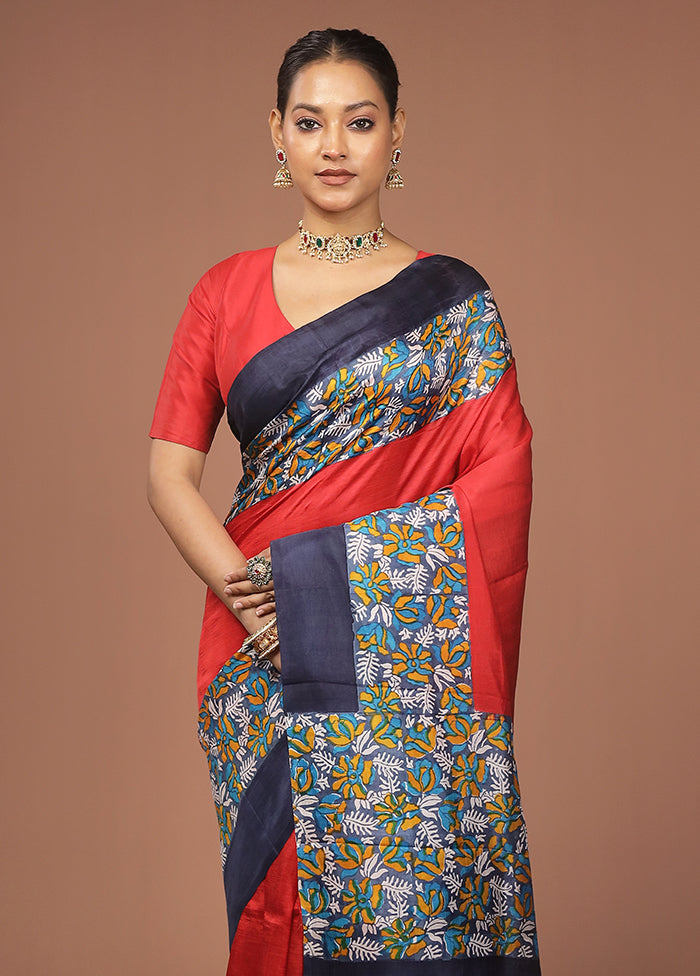 Red Printed Pure Silk Saree Without Blouse Piece