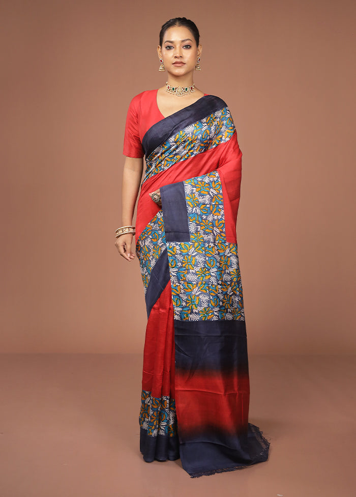 Red Printed Pure Silk Saree Without Blouse Piece