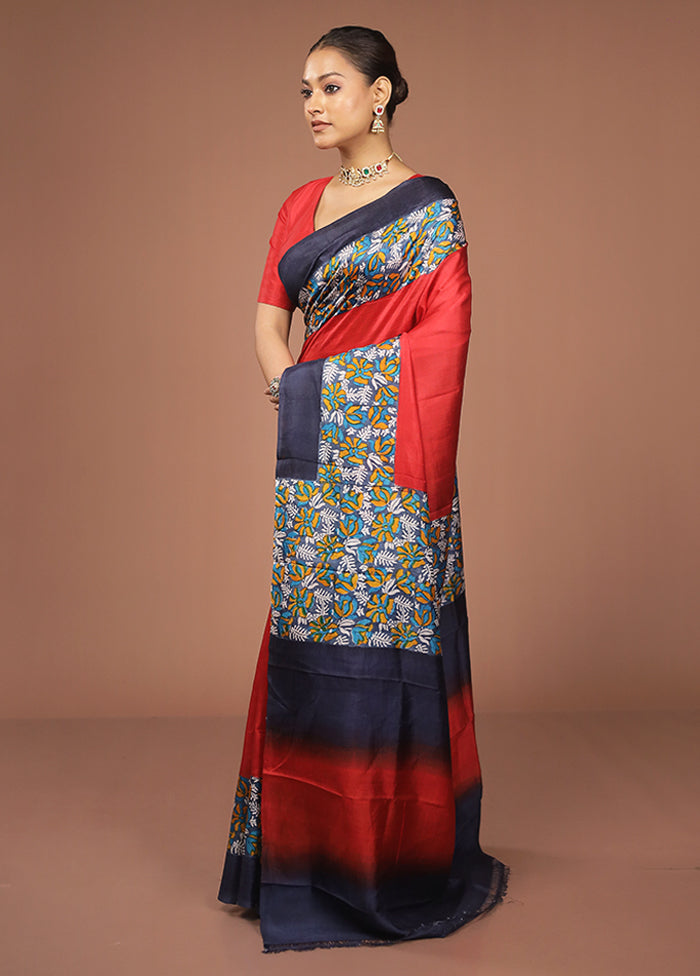 Red Printed Pure Silk Saree Without Blouse Piece
