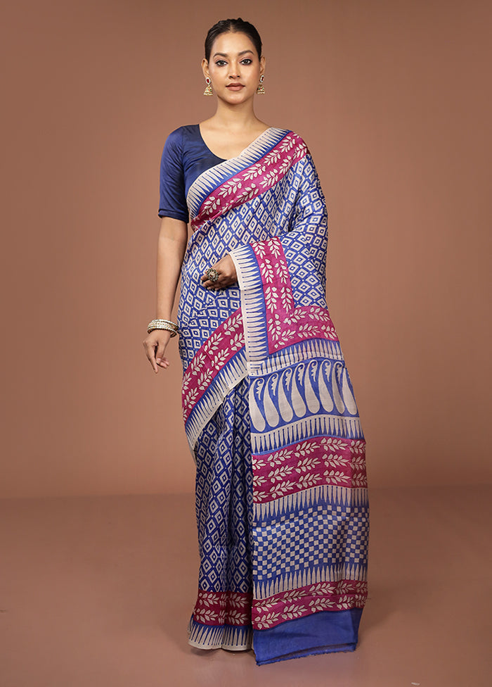 Blue Printed Pure Silk Saree Without Blouse Piece
