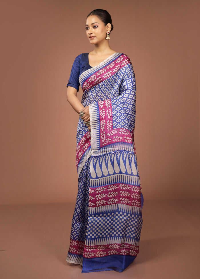 Blue Printed Pure Silk Saree Without Blouse Piece