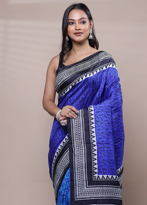 Blue Printed Silk Saree Without Blouse Piece