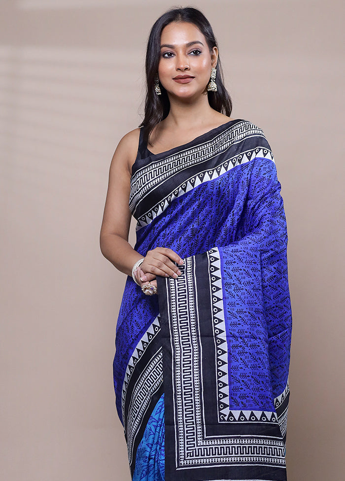 Blue Printed Silk Saree Without Blouse Piece