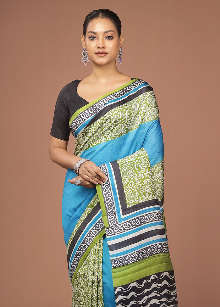 Blue Printed Silk Saree Without Blouse Piece
