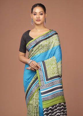 Blue Printed Silk Saree Without Blouse Piece