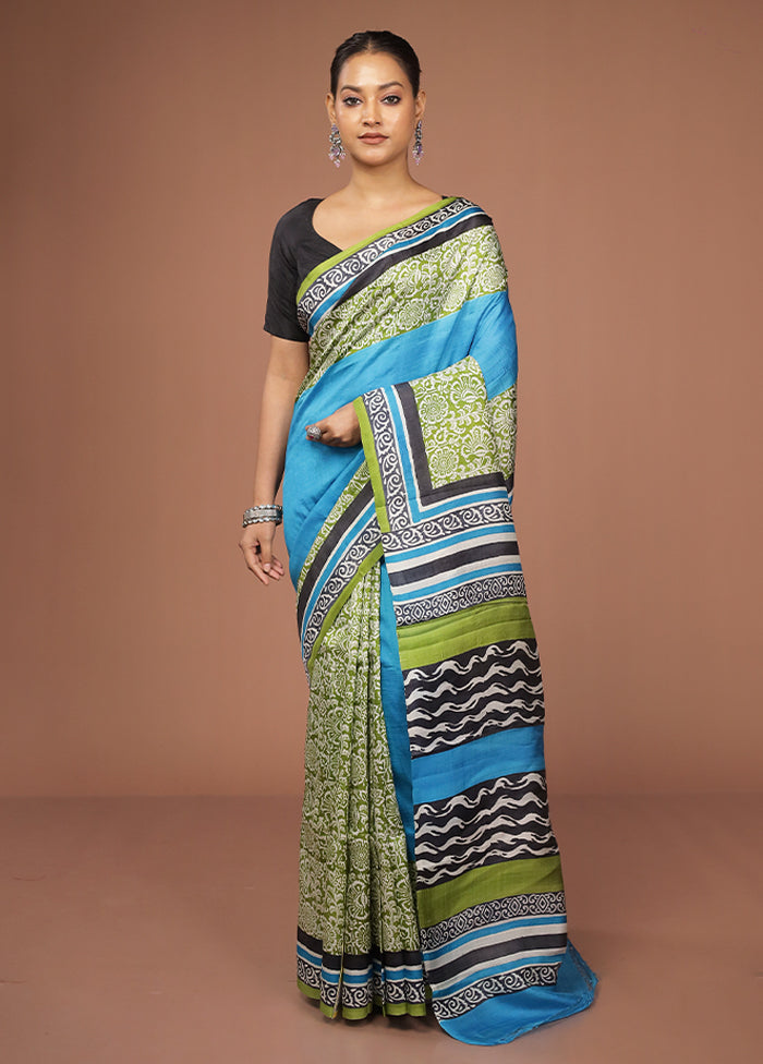 Blue Printed Silk Saree Without Blouse Piece