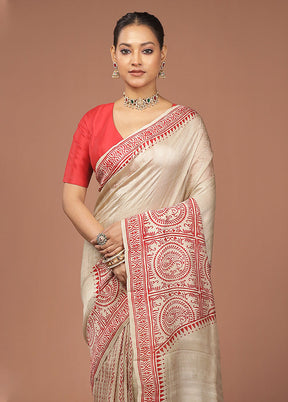Cream Printed Pure Silk Saree Without Blouse Piece