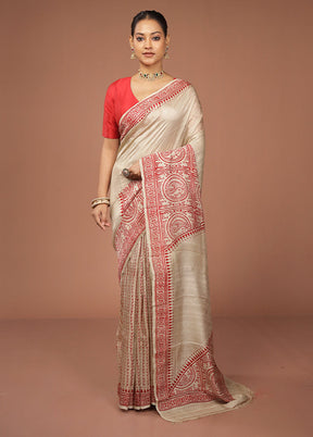 Cream Printed Pure Silk Saree Without Blouse Piece