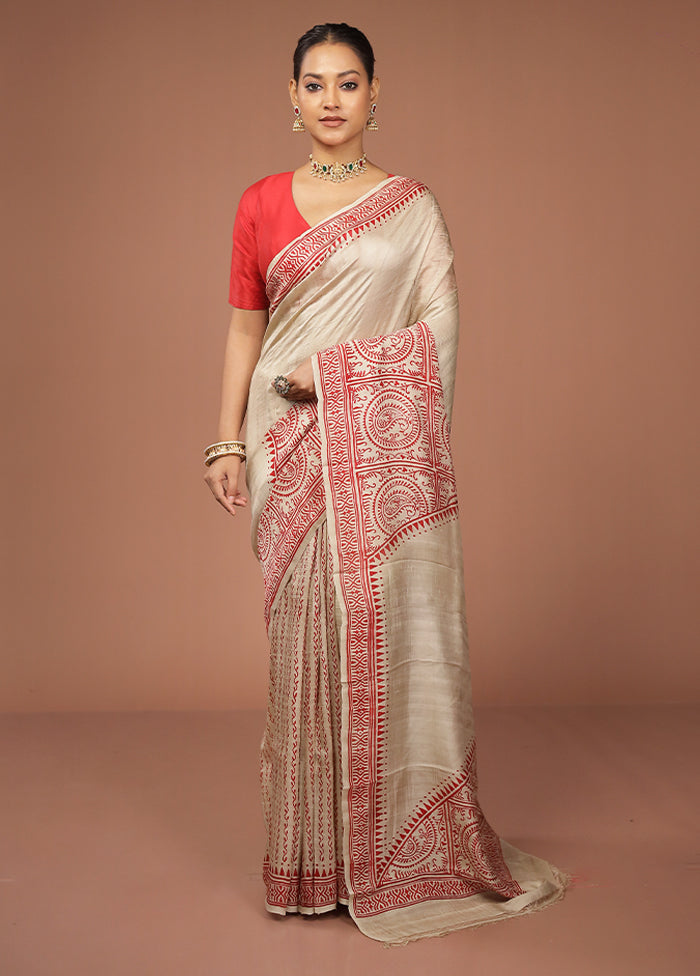 Cream Printed Pure Silk Saree Without Blouse Piece