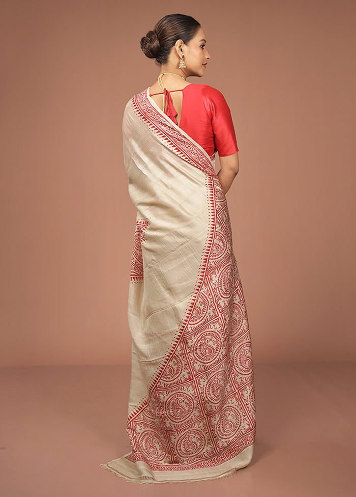 Cream Printed Pure Silk Saree Without Blouse Piece