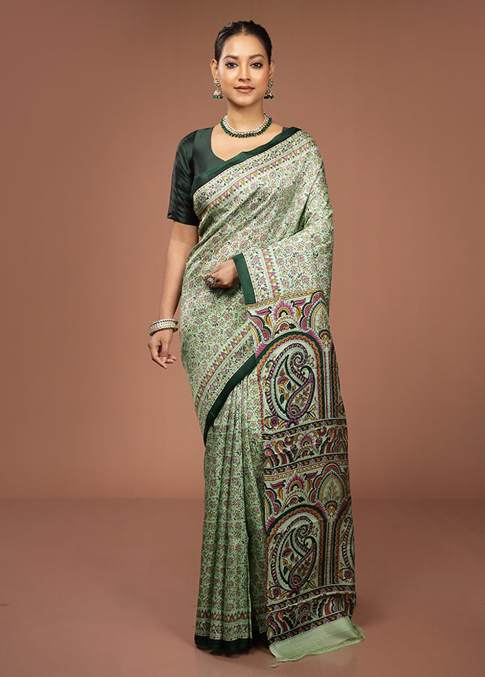Green Printed Pure Silk Saree Without Blouse Piece