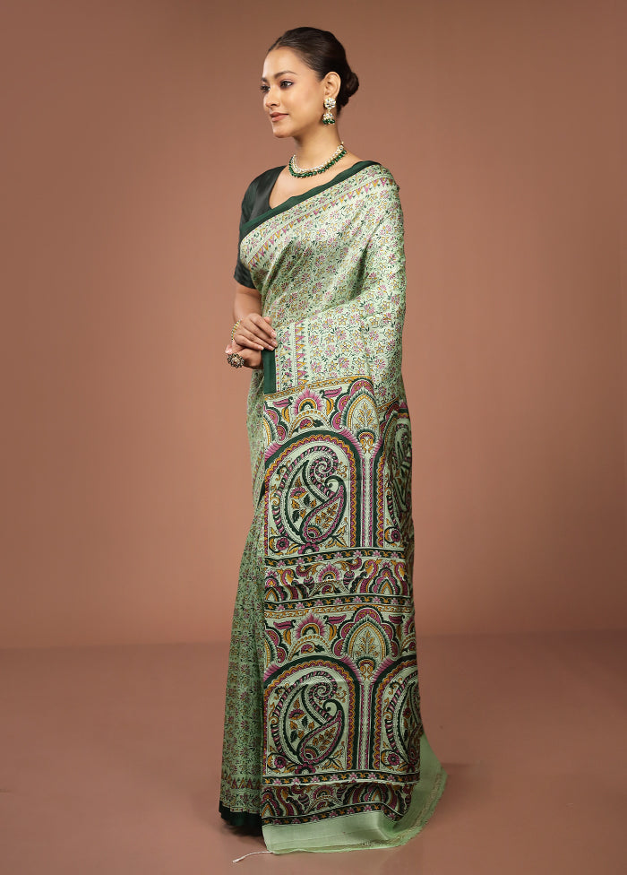 Green Printed Pure Silk Saree Without Blouse Piece