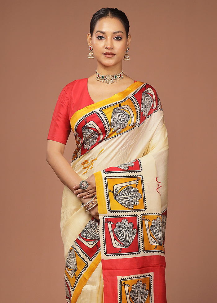 Cream Printed Pure Silk Saree Without Blouse Piece