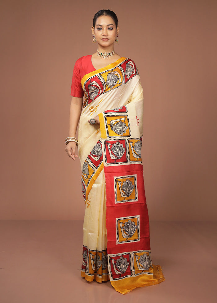 Cream Printed Pure Silk Saree Without Blouse Piece