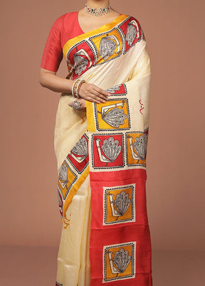 Cream Printed Pure Silk Saree Without Blouse Piece