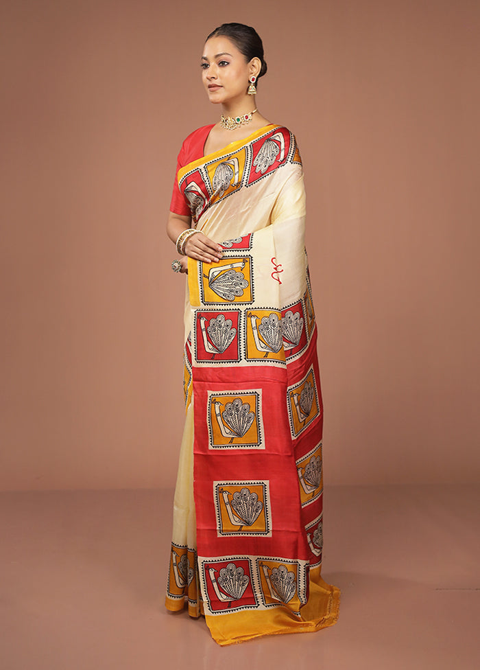 Cream Printed Pure Silk Saree Without Blouse Piece