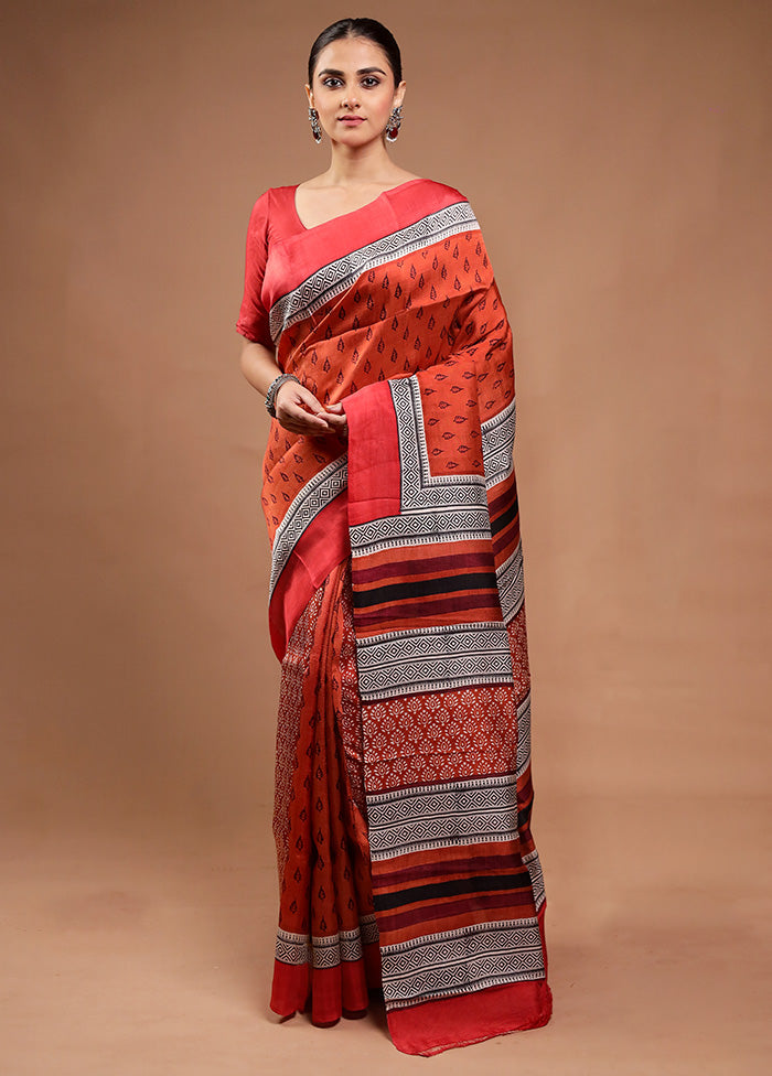 Rust Printed Silk Saree Without Blouse Piece