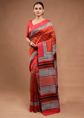 Rust Printed Silk Saree Without Blouse Piece