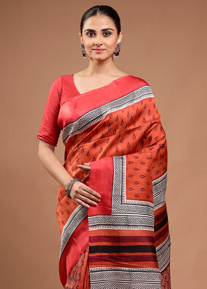 Rust Printed Silk Saree Without Blouse Piece