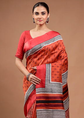 Rust Printed Silk Saree Without Blouse Piece