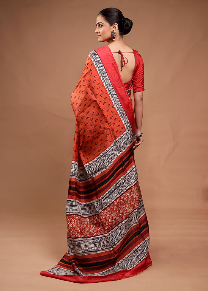 Rust Printed Silk Saree Without Blouse Piece