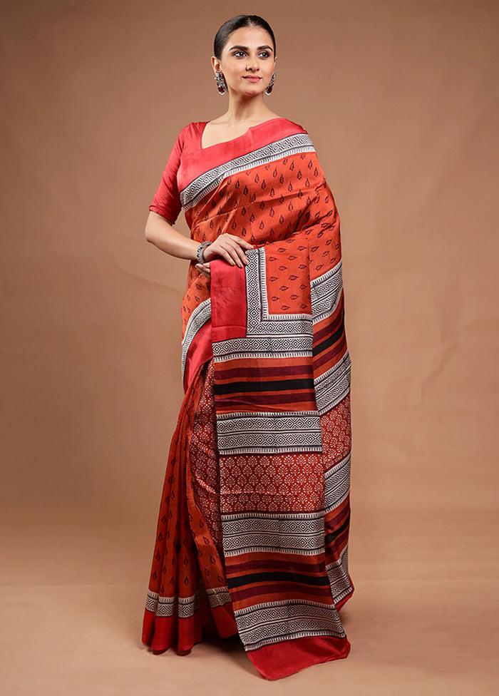 Rust Printed Silk Saree Without Blouse Piece