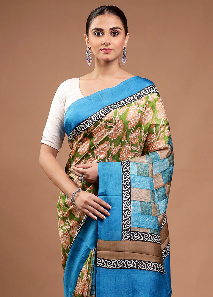Green Printed Silk Saree Without Blouse Piece