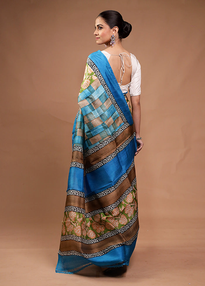 Green Printed Silk Saree Without Blouse Piece