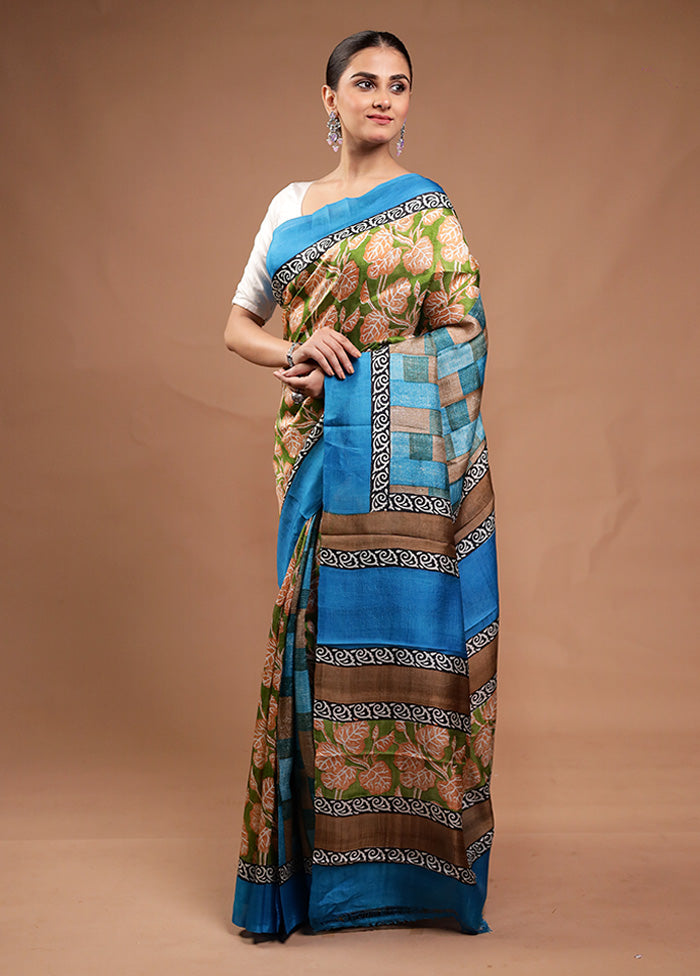 Green Printed Silk Saree Without Blouse Piece