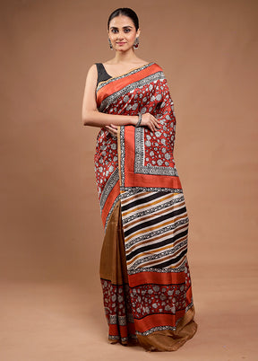 Red Printed Pure Silk Saree Without Blouse Piece