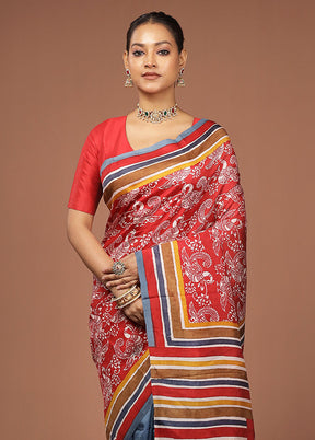 Red Printed Pure Silk Saree Without Blouse Piece