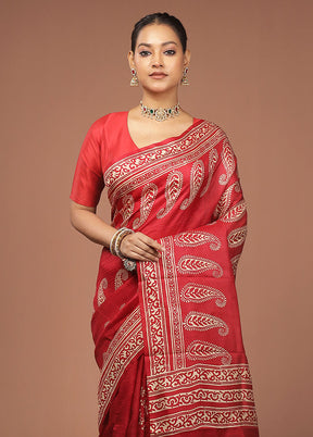 Red Printed Pure Silk Saree Without Blouse Piece