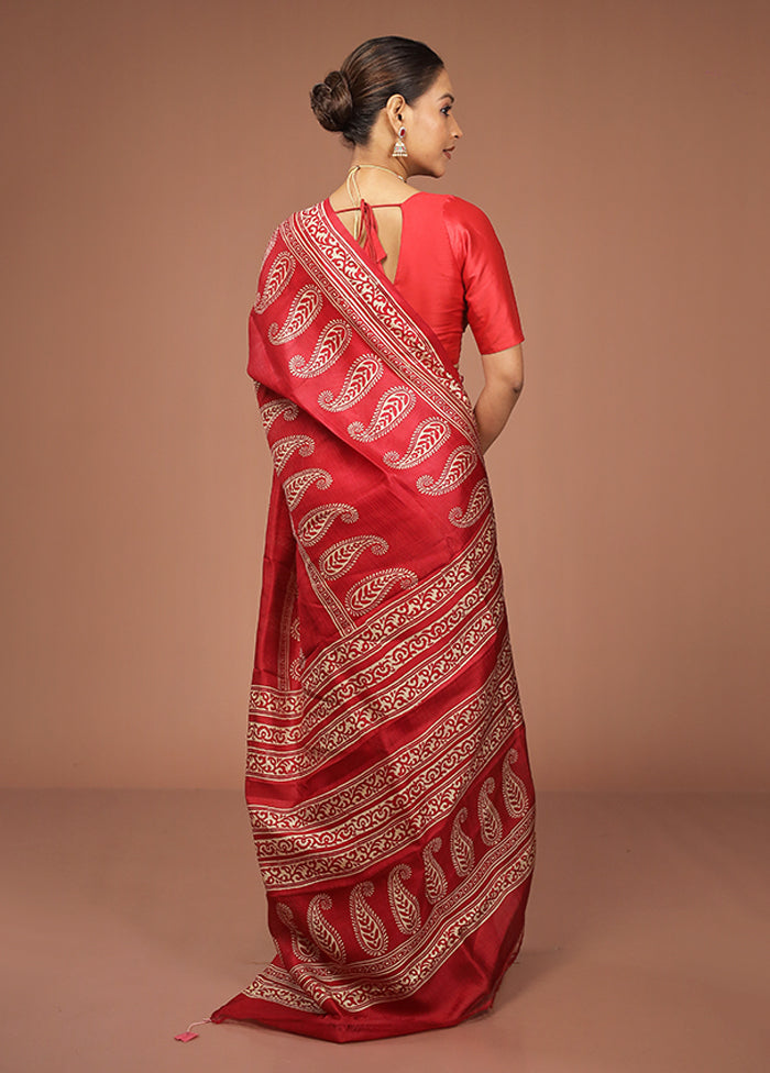 Red Printed Pure Silk Saree Without Blouse Piece