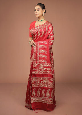 Red Printed Pure Silk Saree Without Blouse Piece