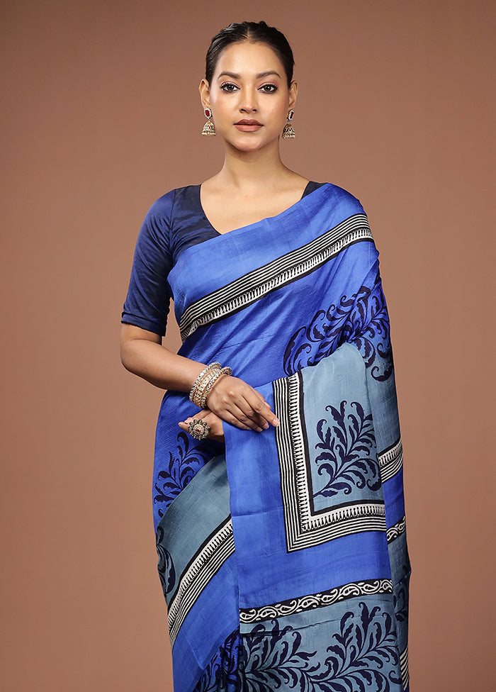 Blue Printed Pure Silk Saree Without Blouse Piece