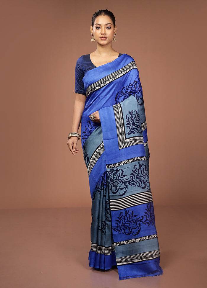 Blue Printed Pure Silk Saree Without Blouse Piece