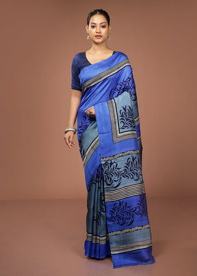 Blue Printed Pure Silk Saree Without Blouse Piece