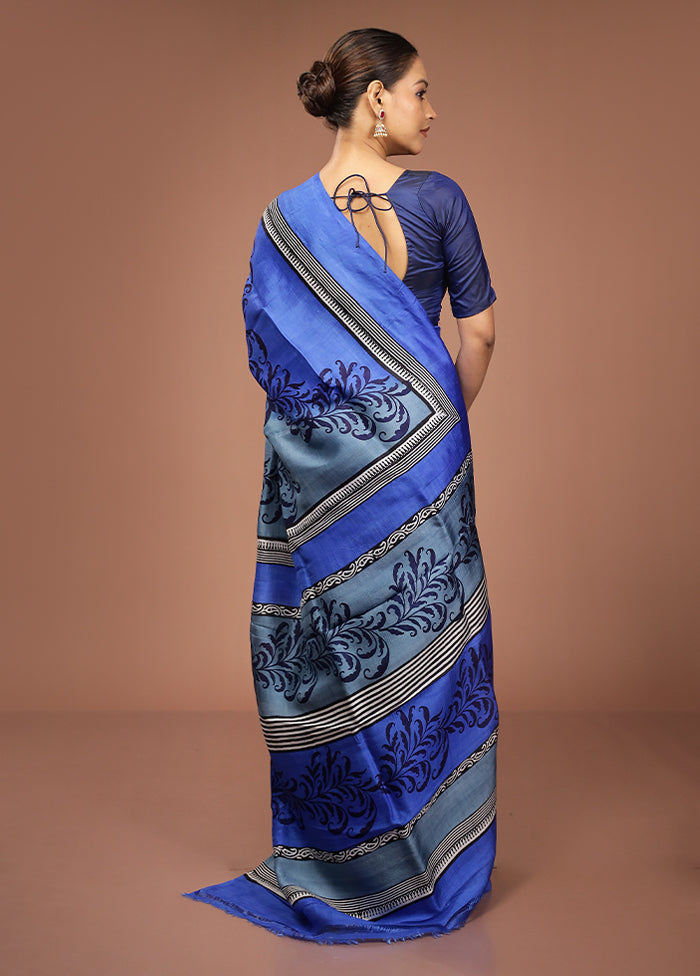 Blue Printed Pure Silk Saree Without Blouse Piece