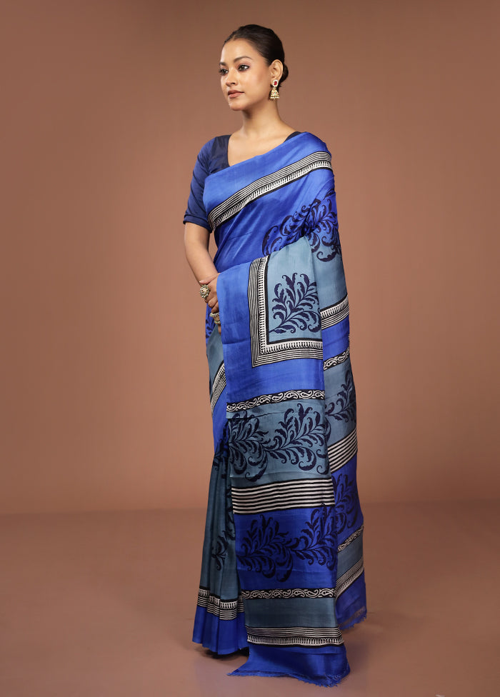 Blue Printed Pure Silk Saree Without Blouse Piece