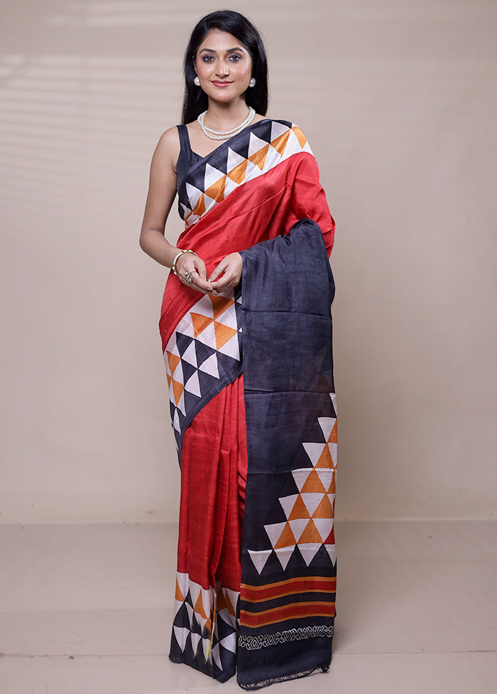 Red Printed Silk Saree Without Blouse Piece